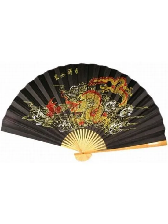 Elegant 35” Oriental Wall Fan - Feng Shui Decor, Black Dragon Design, Home