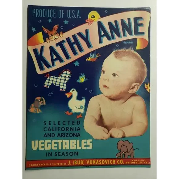 Vintage‎ Kathy Anne Baby Girl Nursery Toys Vegetable Crate Label (B-2)