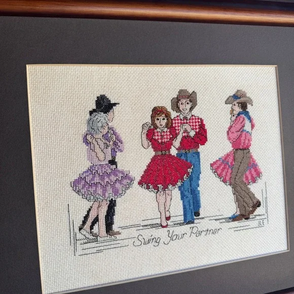 Vintage Square Dance Cross Stitch Framed Art country western Swing Your Partner