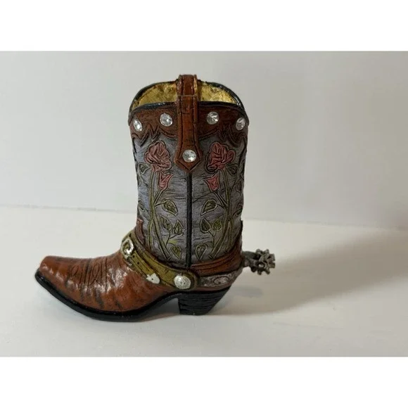 Miniature Resin Cowboy Boot Figurine with Floral Details Faux Rhinestones Decor