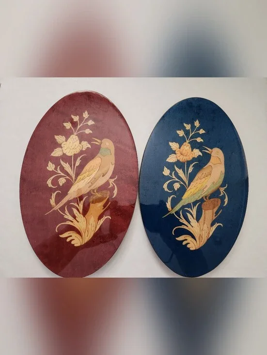 Two A. Stinga Inlaid Wood Birds Oval Plaques Sorrento Italy Blue Burgandy