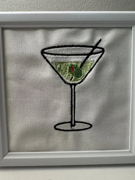 Handmade Martini Glass Embroidered Picture Frame Decor | Bar Cocktail Wall Art