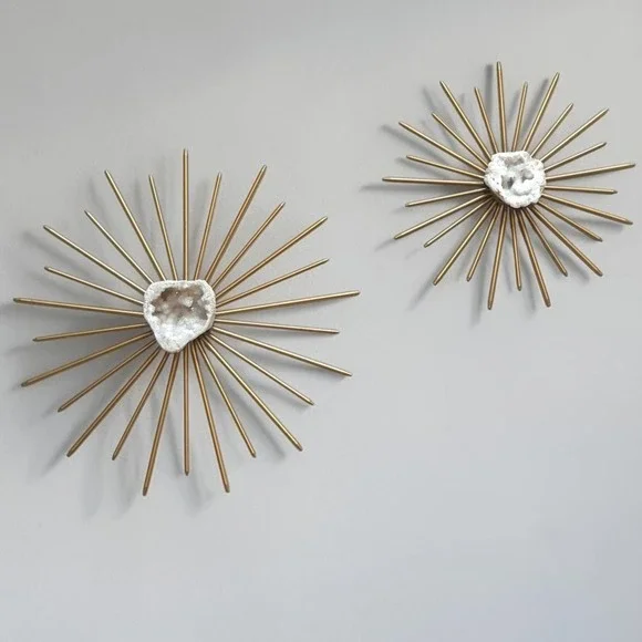 Gold MCM Metal Sunburst Wall Art Set Natural White Quartz Geode Centers 2pc
