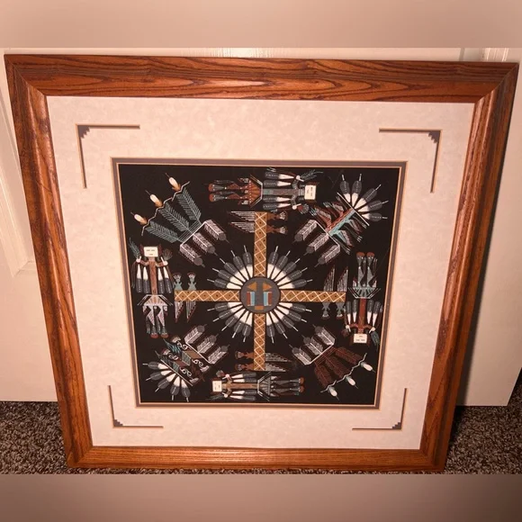 VTG Indian Native American Navajo Sand Art Painting Signed Wood Framed Black 20”