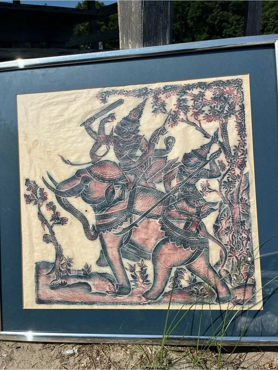 VINTAGE THAI TEMPLE RUBBING on rice paper Elephant Procession, framed