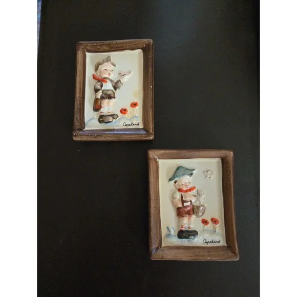 Vintage Copeland Ceramic Wall‎ Art Plaques Boy Figurines Set of 2