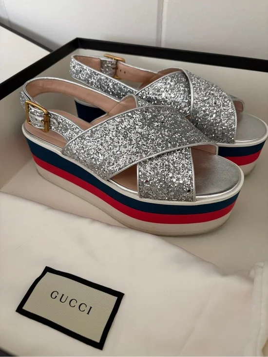 Gucci Silver Glitter Peggy Platform Sandal with Blue and Red Stripes