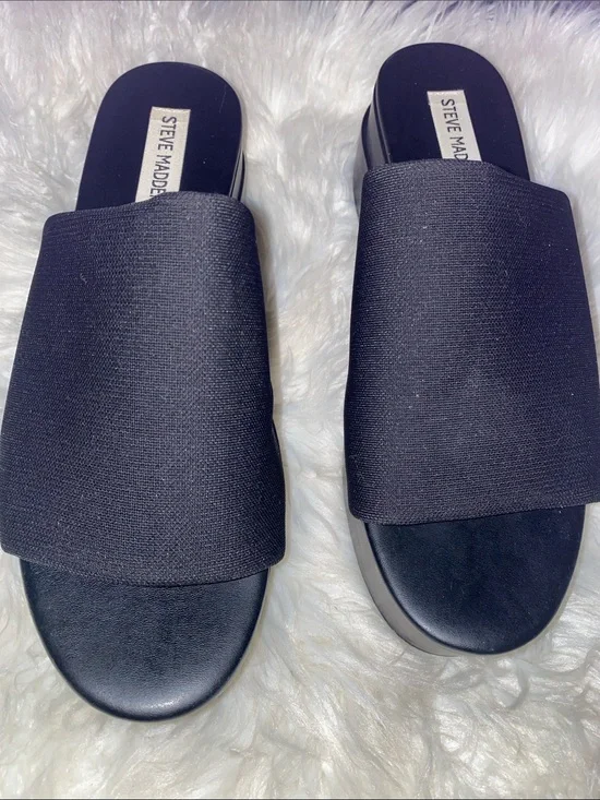Steve Madden 9.5 platform Black stretchy Wide-Band Slide Sandals