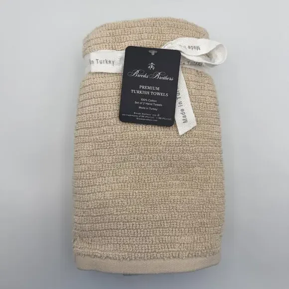 Brooks Brothers Premium Turkish Cotton Hand Towels Set of 2 Tan Beige NWT