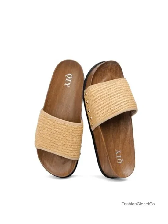 Woven Raffia Platform Slides Sandals for Women Arch Support Studded Slip-on