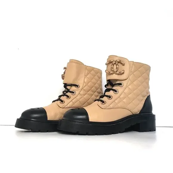Chanel Quilted CC Chain Brave Lambskin Calfskin Cap Toe Combat Short Boots 37