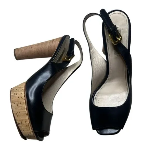 VINTAGE Unique Prada Black and Tan Platform Sling backs Size 38