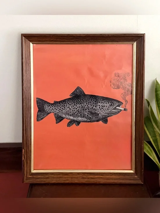 Trout Fish Smoking a Cigarette Vintage Style Canvas Wall Art Print Wood Framed