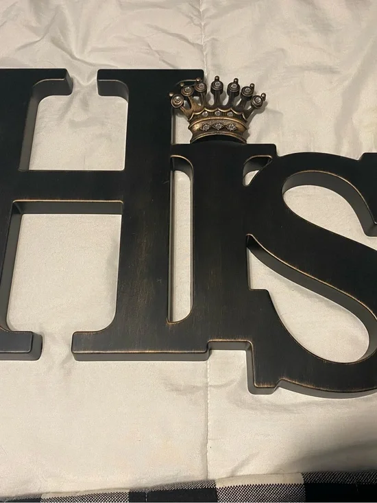 Decorative 'His and Hers’ Wall Sign in Distressed Black with Bronze Crown