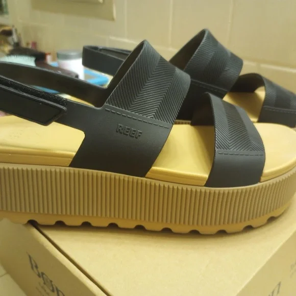 Reef Women's Black Strap Platform Sandal with Tan Footbed
