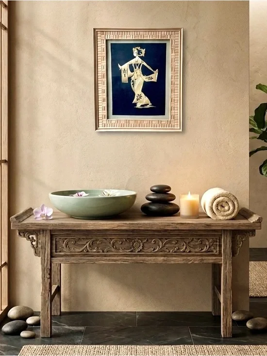 Vintage Mid-Century Balinese Rice Straw Marquetry Framed Art Traditional Dancer