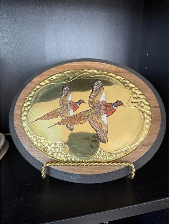 Vintage Decorative Brass and Wood Plaque with Flying Pheasants Design