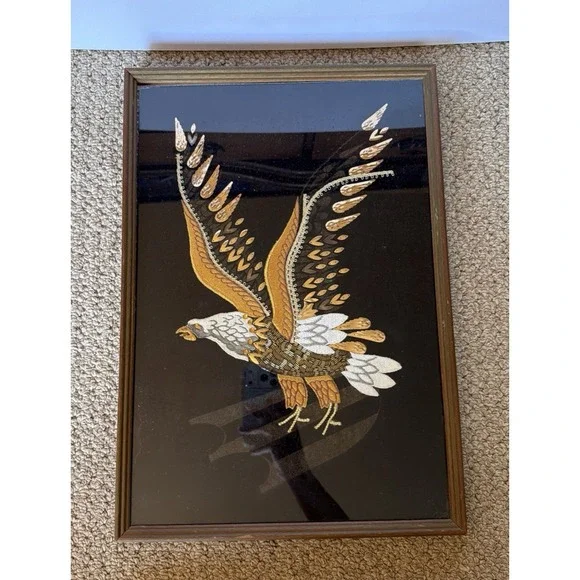 Velvet Bald Eagle Silk Screen Beaded Sequin Embroidered Applique Framed Wall Art