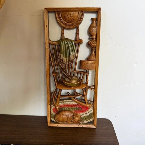 Vintage 1960 Burwood Products Rocking Chair Cat Wall Hanging Plaque Art MCM