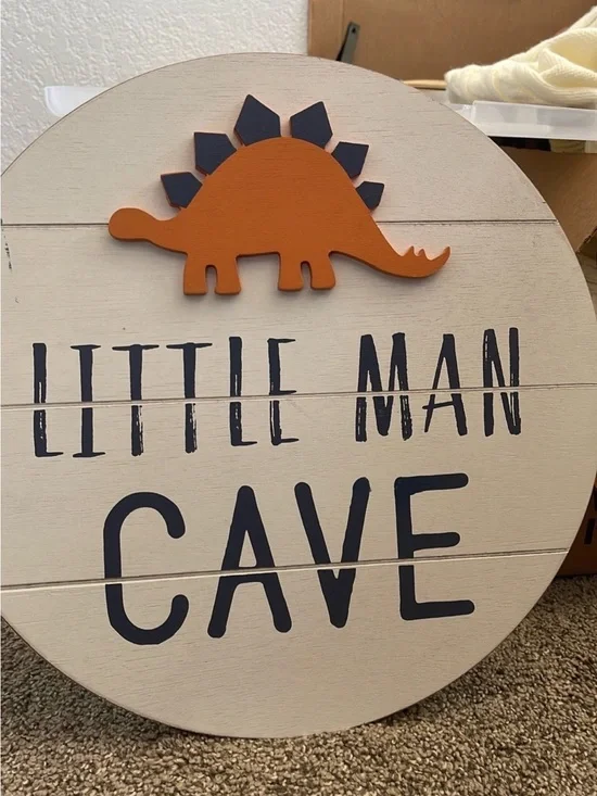 Little Man Cave Wooden Wall Sign with Orange Dinosaur 5 wall decor