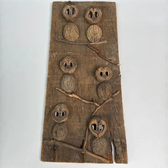 Vintage Owl Wall Hanging Folk Art Rustic Wood Black Walnut Shell Woodland Decor