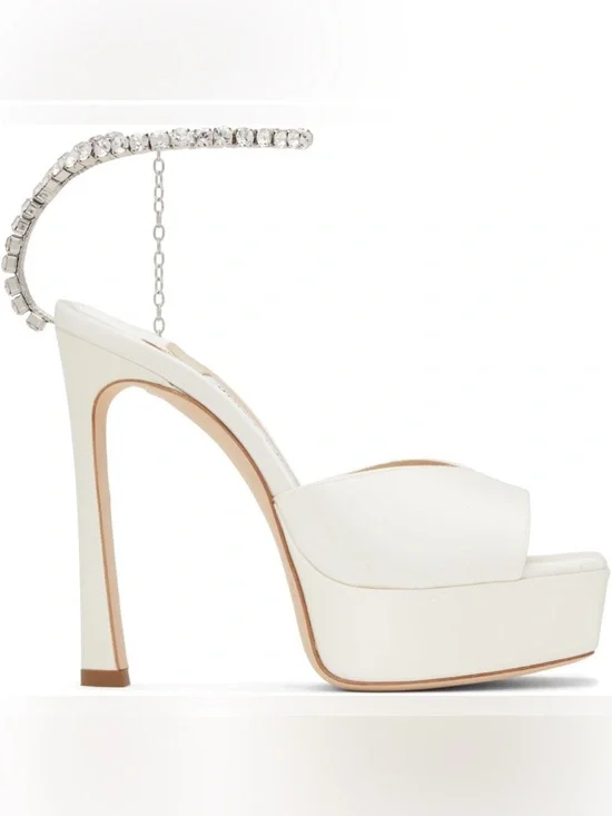 Jimmy Choo White Platform High Heel Sandals with Rhinestone Ankle Chain