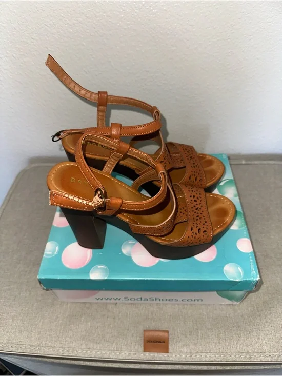 BAMBOO Tan Perforated Platform Sandal Heels with Ankle Strap