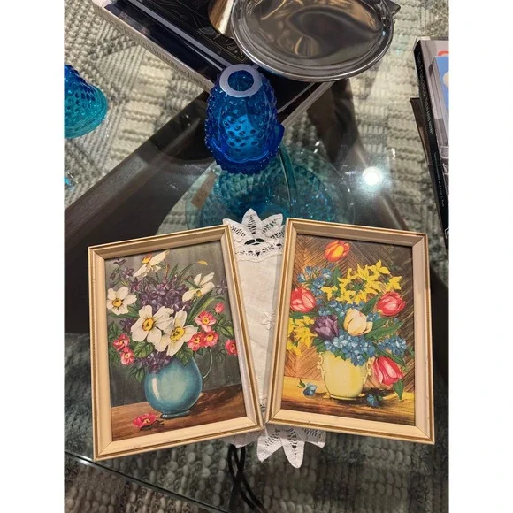 Original Vintage  Framed Floral Print Pair Mid Century Cottagecore Wall Art