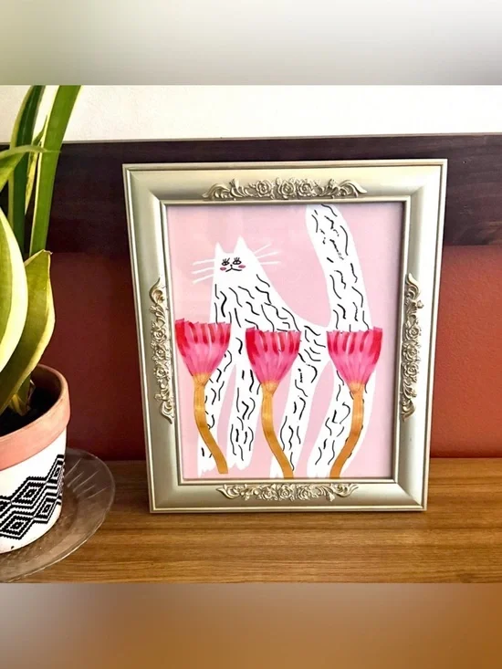 Cat Art Print Pink Flowers Whimsical Home Decor Canvas Silver Floral Framed Art