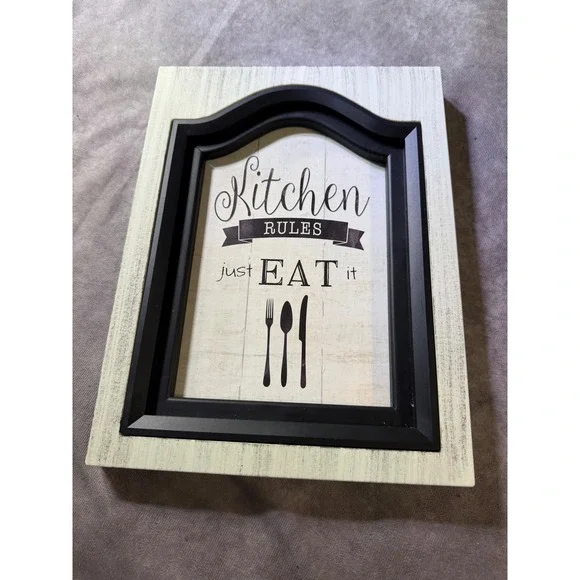 Kitchen Rules Just Eat It Wall Decor Farmhouse Wood Sign White Black 12x9