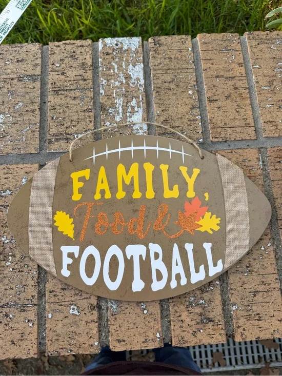 Family Food & Football Wood Wall Hanging - Distressed Style Brown, Yellow, White