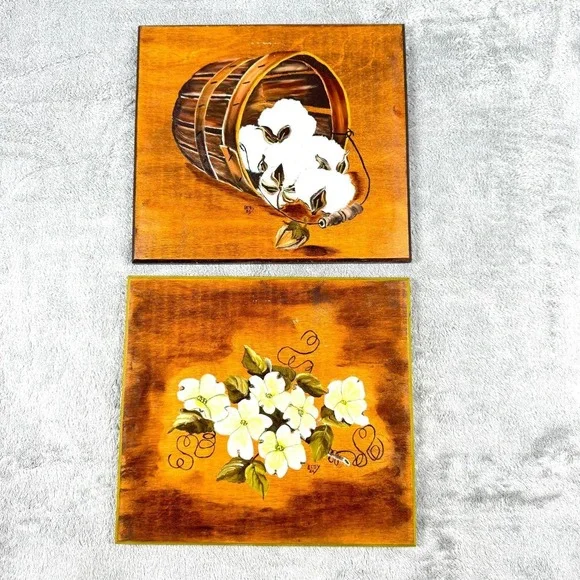 Vintage Hand Painted Wood Wall‎ Plaques Cotton Flowers Signed Betty Set of 2