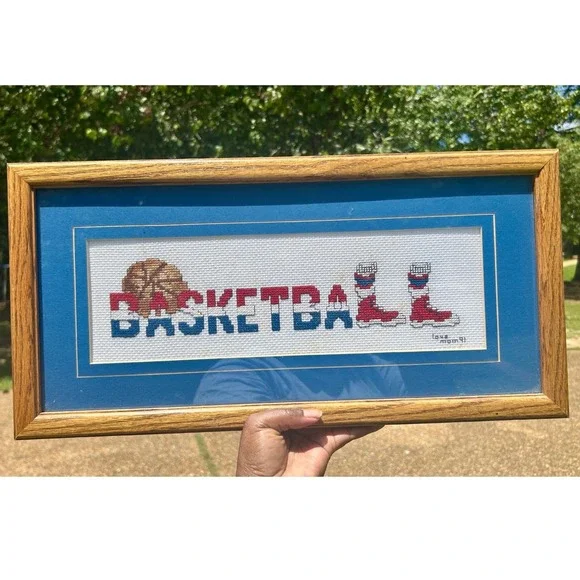 Handmade Basketball Cross Stitch Framed Art 16x8 Blue Red Wood 90s Vintage‎ Good