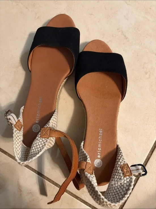 Eric Michael. Black Suede and Tan Leather Sandals with Cream Woven Ankle Strap