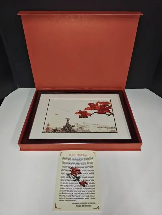 Cantonese Embroidery Kapok Silk Cotton Of South China Red Flowers Framed Decor