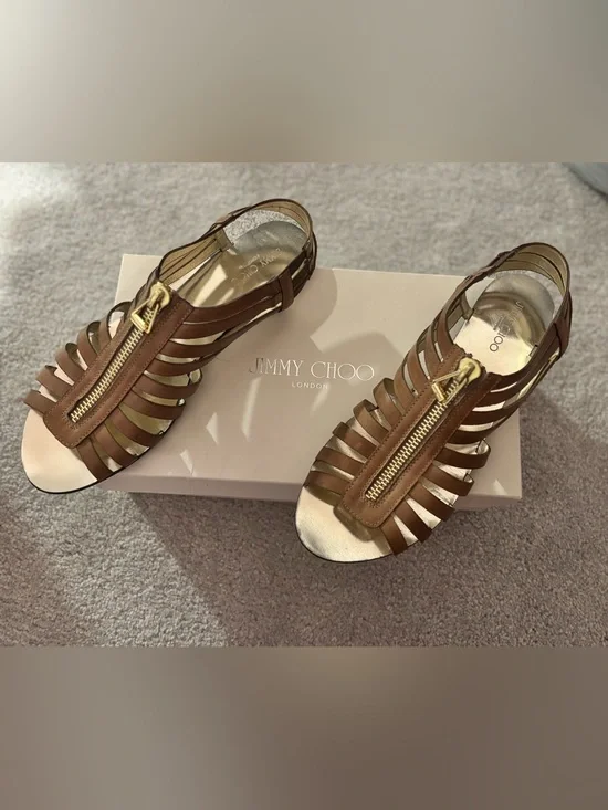 Jimmy Choo Wish Brown Leather Zip Gladiator Sandals w/ Box Size 38.5 / 8.5