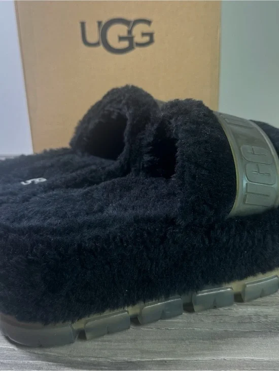 UGG Flufitta Platform Black Plush Slide Sandals size 7/EU38