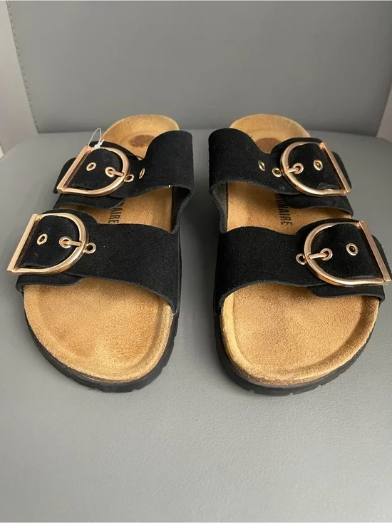 CUSHIONAIRE Black Suede Double Buckle Adjustable Slide Sandals Women 10W