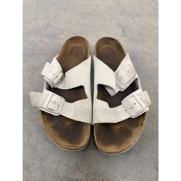 Birkenstock Two-Strap Suede Slides in Light Taupe