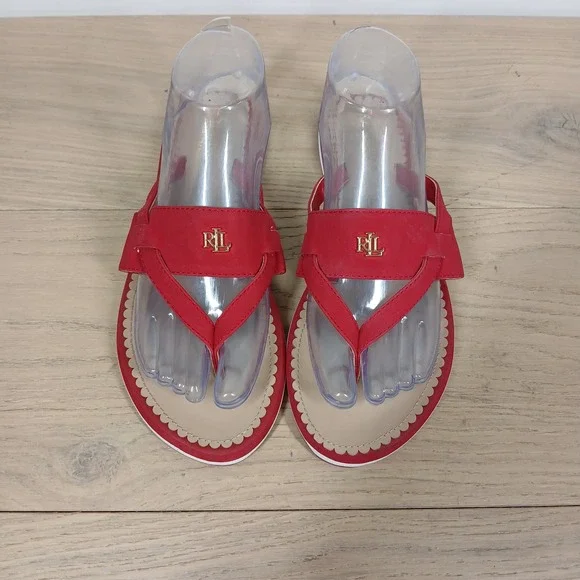 Lauren Ralph Lauren Sandals Womens 9B Red Leather Thong Comfort Casual