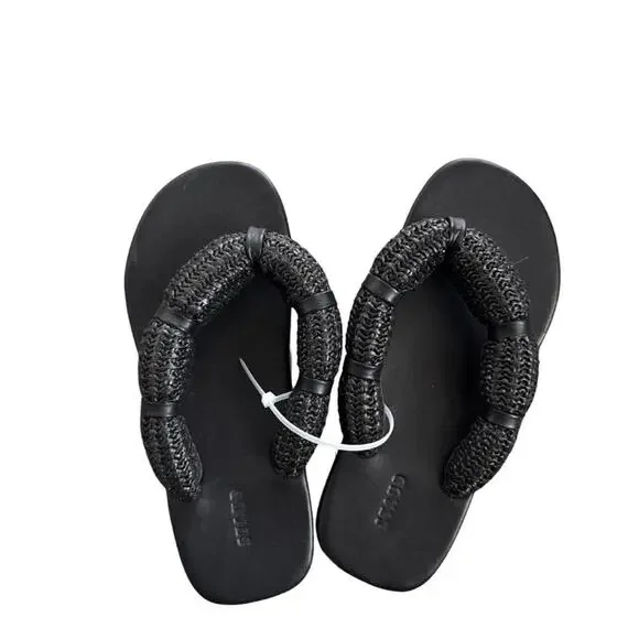Black Leather Staud Flip Flop Sandals