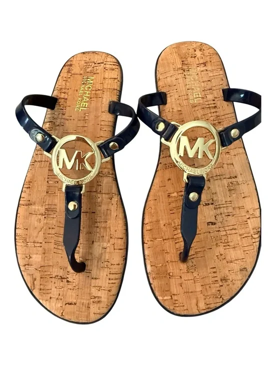 Michael Kors Navy & Gold MK Logo Cork-Style Thong Sandals beach summer luxury 7