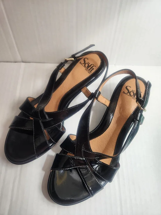 Womens SOFFT Black Patent Leather Slingback Sandals