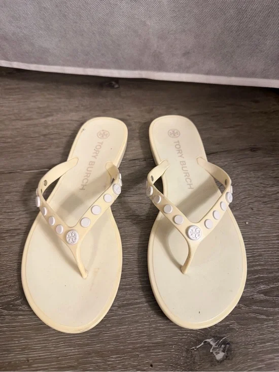 Tory Burch Pale Yellow Logo Stud Flip Flop Sandals