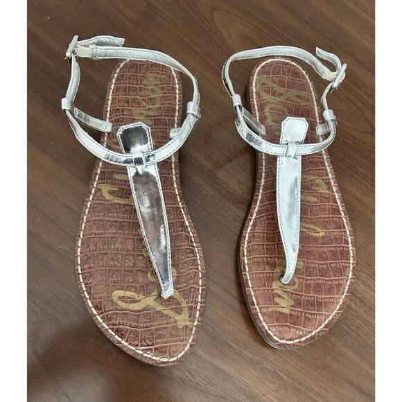 Sam Edelman Women’s Silver Leather Thong Flat Ankle Strap Buckle Sandals US 7