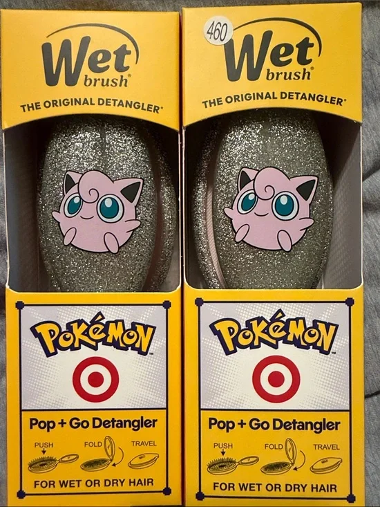 2 pack Wet Brush Kids Pokémon Jigglypuff Glitter Silver Pop + Go Detangler