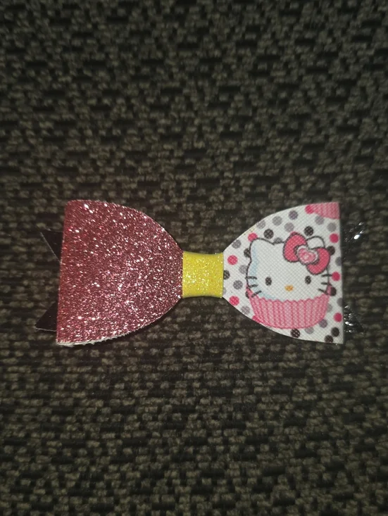 Glitter Pink Hello Kitty Bow Hair Clip with Yellow Center