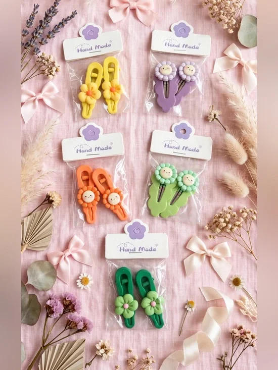Hand Made Floral Girl’s Hair Clips - Bright Yellow, Purple, Orange, Green, Teal