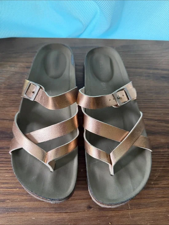 Madden Girl Bronze Metallic Multi-Strap Slide Sandals