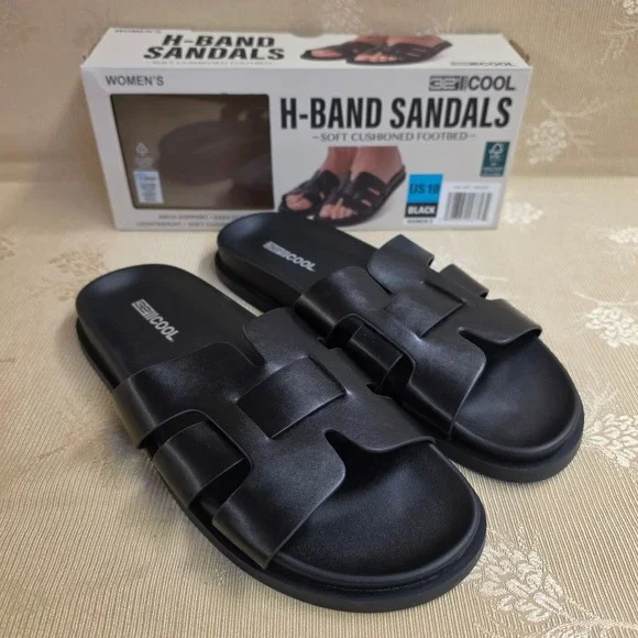 32 Degrees Cool Women H-Band Sandals Black Soft Cushioned Footbed Slides Size 10